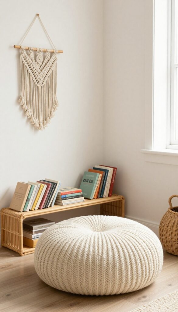 Cozy reading nook with floor pillow and pouf in boho bedroom