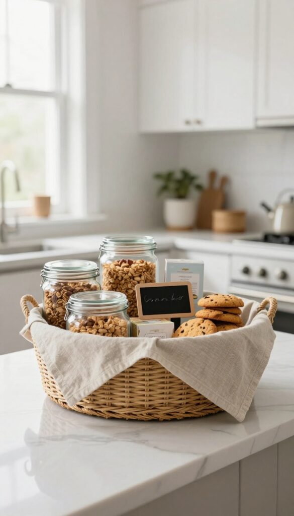 A woven basket pantry on a kitchen counter filled with snacks in clear jars, with soft natural light and a clean, welcoming guest suite setting.