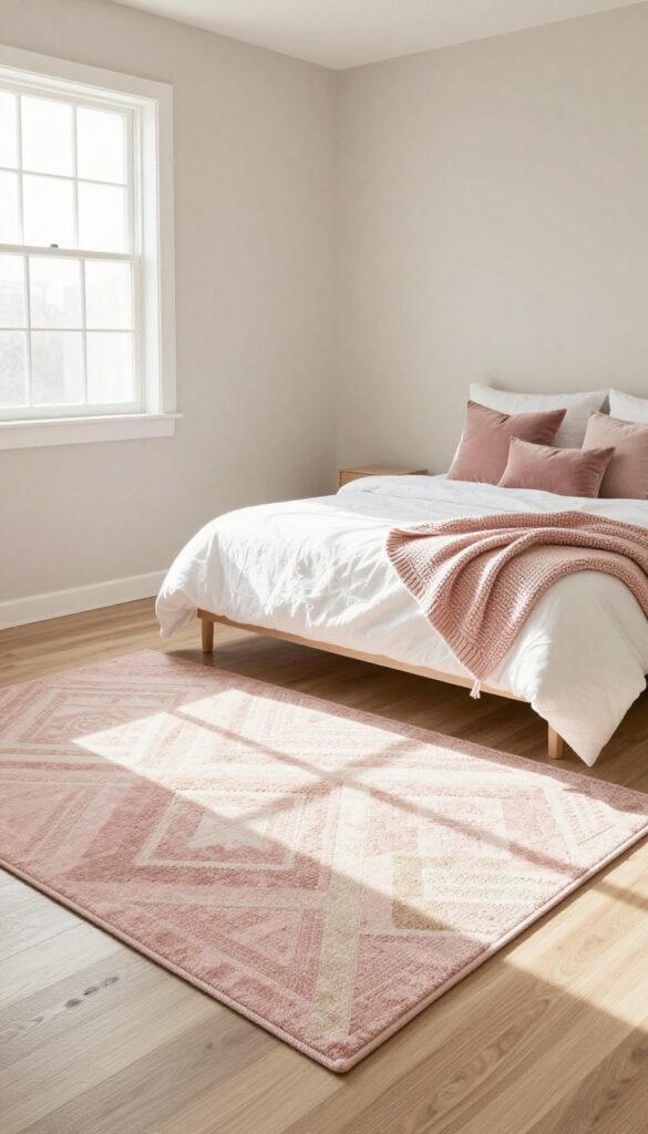 Pink geometric rug on light wood floor under a bed in a bright, cozy bedroom with neutral walls and blush textiles.