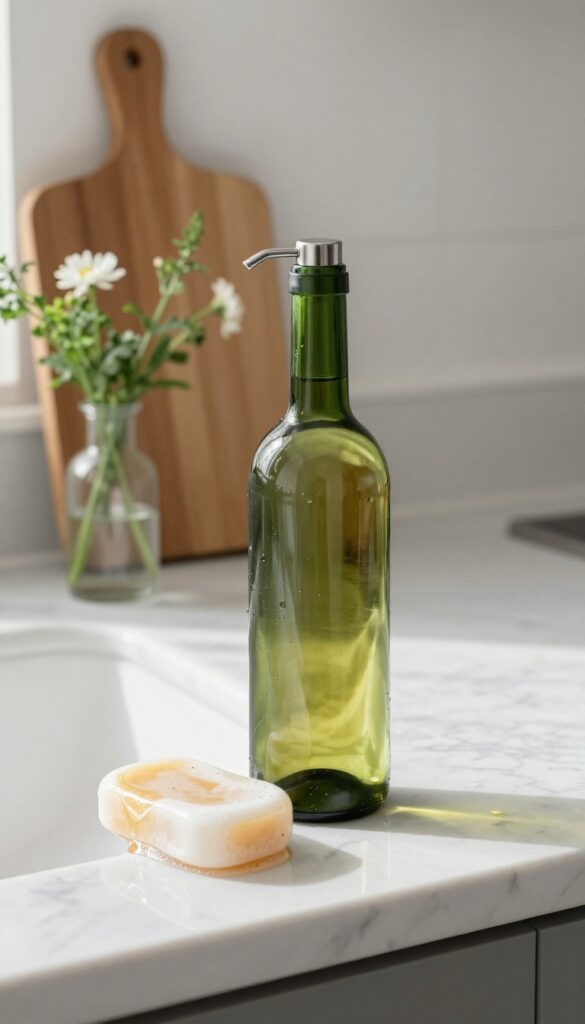 Green wine bottle with pour spout used as soap dispenser on kitchen counter