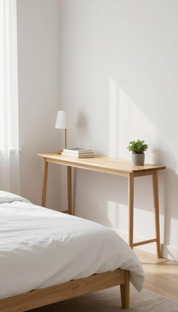 Slim console table behind bed in small bedroom with lamp, books, and plant, bright natural light