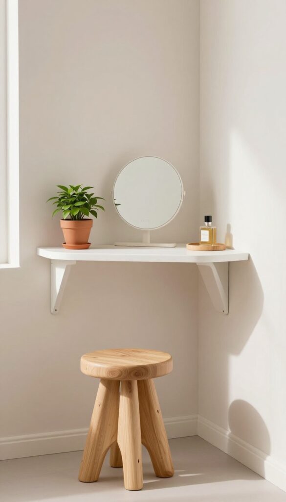 Minimal dressing area with a wall-mounted shelf and a sculptural stool in a bright bedroom corner.