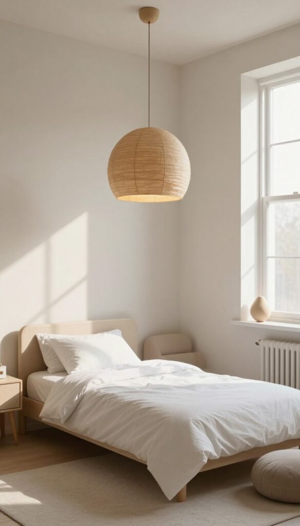 A modern kids' bedroom with a statement pendant light hanging over a reading nook, creating a cozy and intentional focal point.
