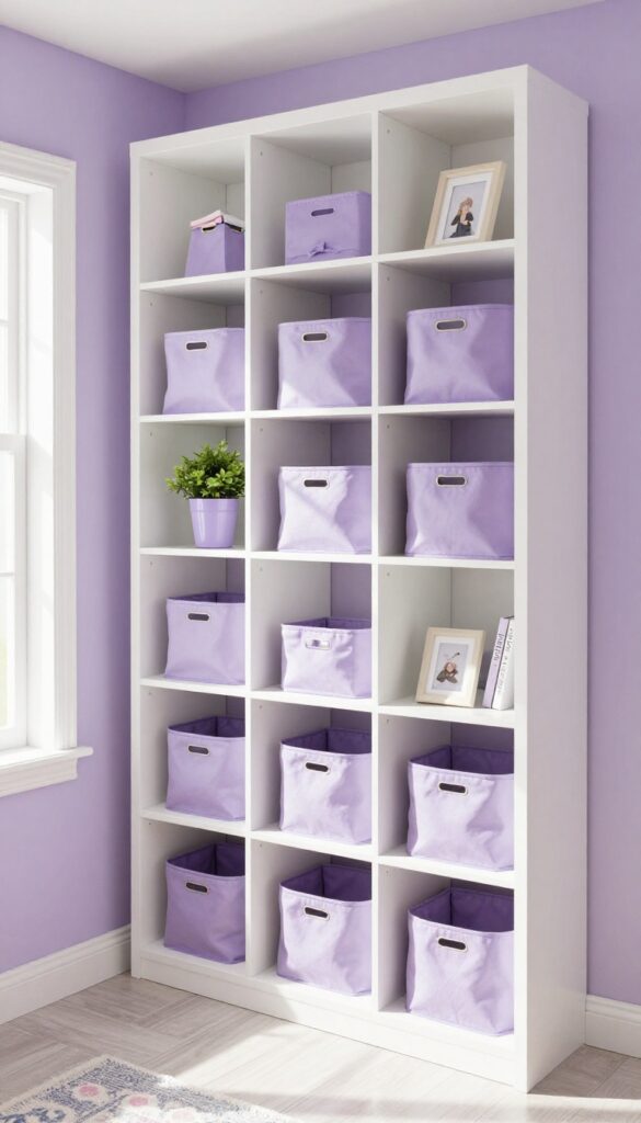 Open shelving with lilac storage bins in a girls purple bedroom, soft whimsical style, bright natural light.