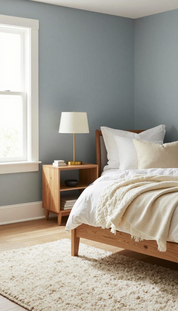 Coastal calm blue-gray girls bedroom with warm oak wood and wool textures