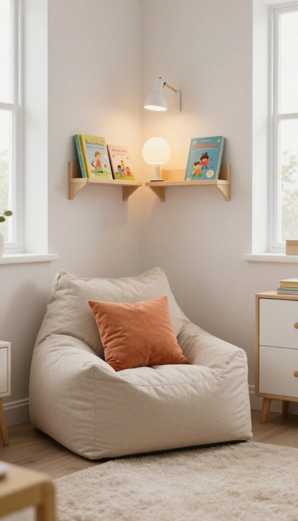 Cozy reading nook in corner of shared kids bedroom with beanbag, shelf, and clip-on light