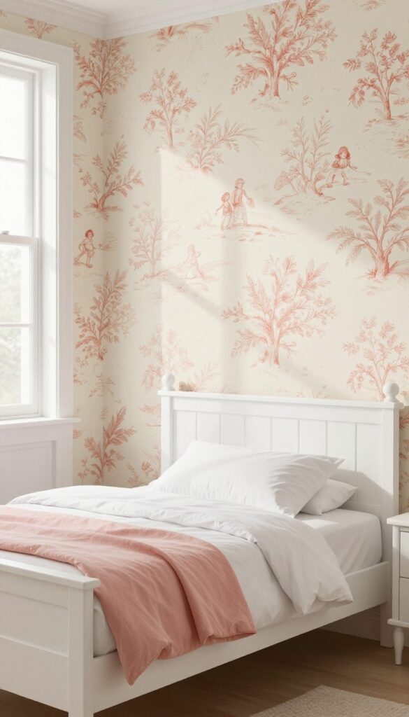 Girl's bedroom with soft coral toile wallpaper, white bed, and natural light