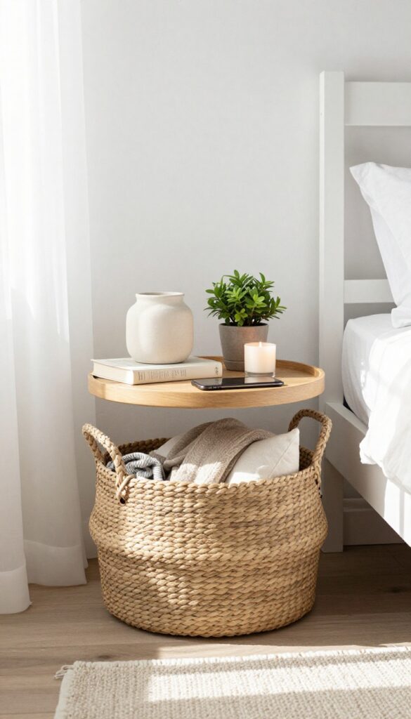 Woven basket nightstand with tray, lamp, book, plant, and candle in bright bedroom