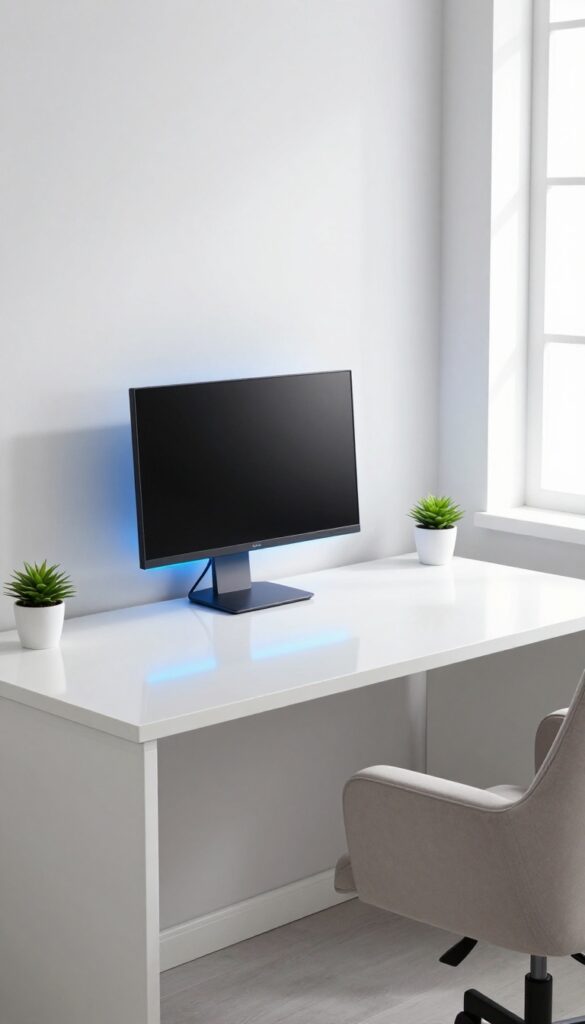Minimalist white desk with RGB blue accent lighting, gray chair, and small plant in a bright bedroom