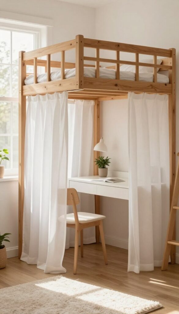 Loft bed over a desk in a small home office guest room with curtain underneath and natural light