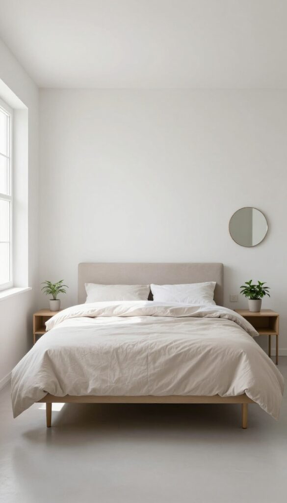 Small bedroom with bed floated away from wall, slim headboard, neutral bedding, nightstand with plant, round mirror, natural light from window, spacious and cozy feel.