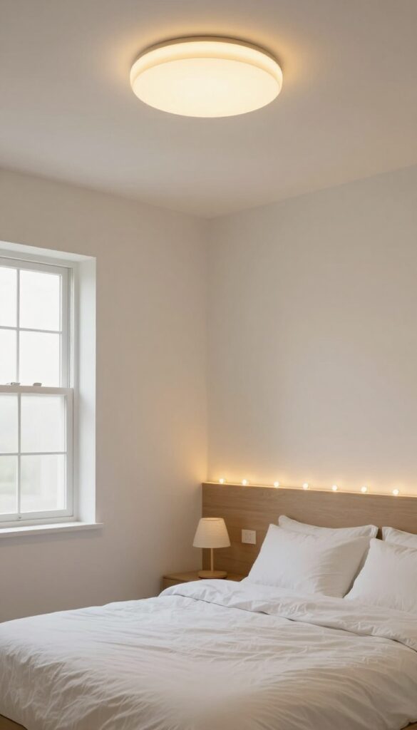 Cozy small bedroom with layered lighting including fairy lights and smart bulbs, warm and calm atmosphere.