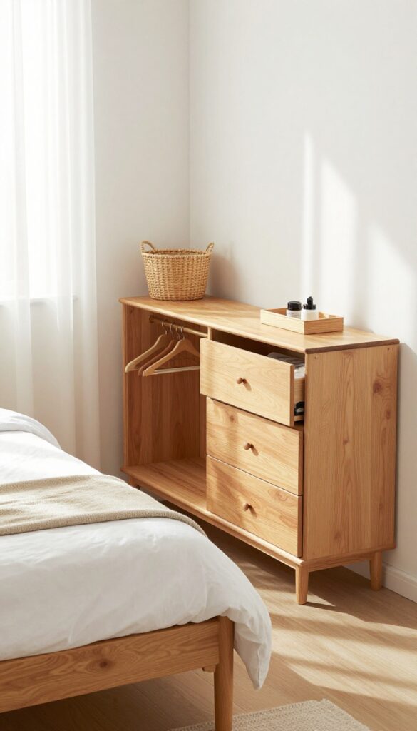 Guest bedroom with open dresser drawers, velvet hangers, and a toiletries basket, bathed in natural light.