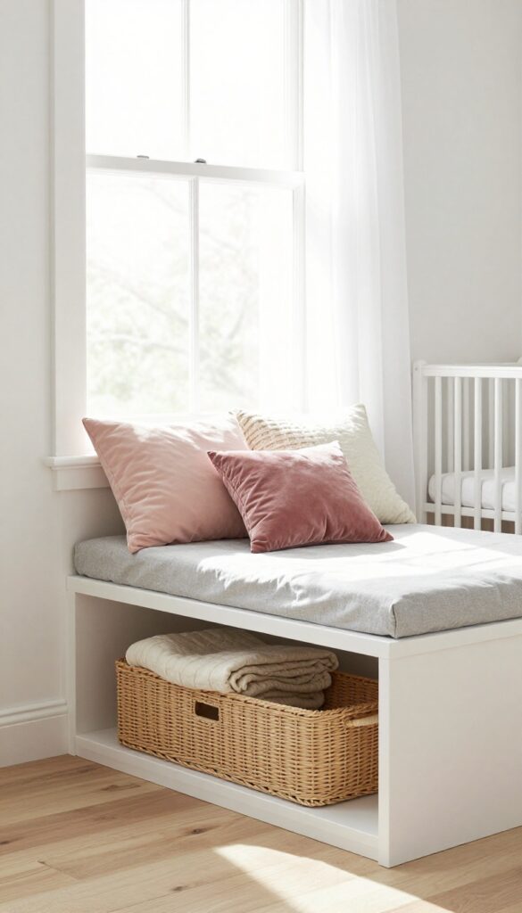 Cozy window seat with hidden storage bins in a bright girls bedroom