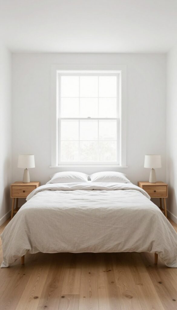Small square bedroom with centered bed and symmetrical nightstands, creating a balanced and open layout.