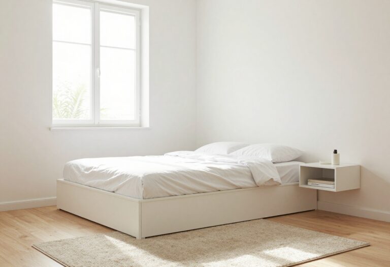 Small bedroom with soft white walls, under-bed storage, and floating nightstand, bright and airy