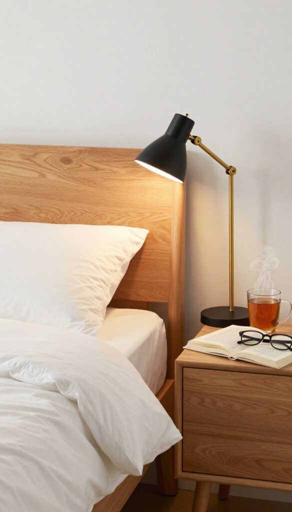 Cozy bedroom with clip-on reading light on headboard, warm glow on book, clear nightstand with tea and glasses, soft natural light.