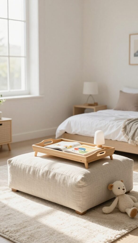 A cozy child's bedroom featuring a neutral linen storage ottoman with a tray and lamp, doubling as seating, with natural light streaming in.