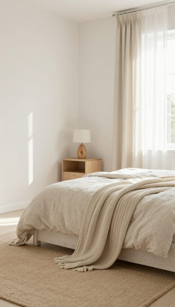 Light and airy coastal bedroom with soft neutral base, whitewashed bed, linen bedding, jute rug, and driftwood accents.