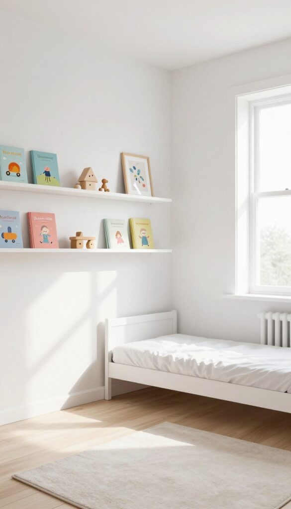 Floating white shelves at staggered heights on a wall, displaying books, a toy, and art in a bright children's bedroom.