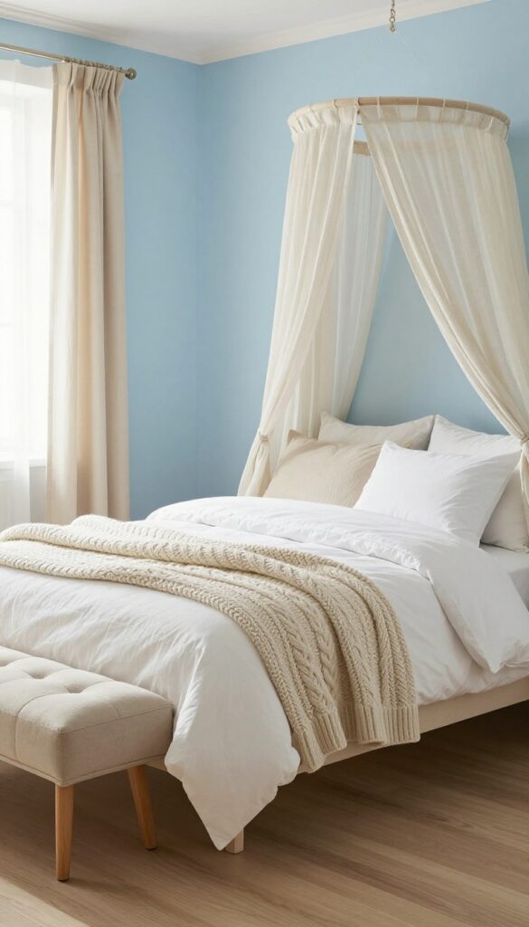 Sky blue walls and sandy beige layers in a girl's bedroom with coastal calm energy.