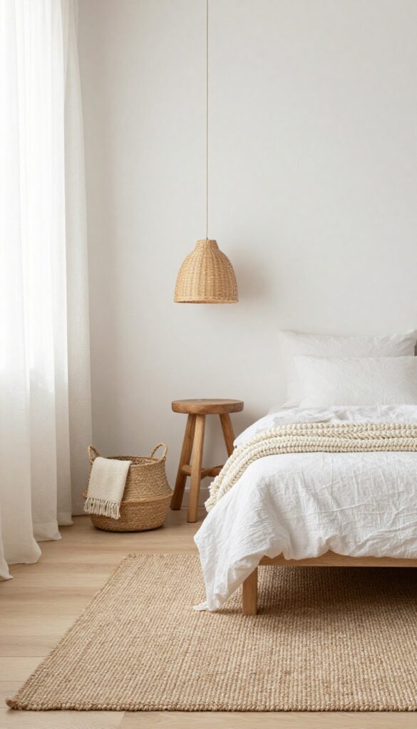 A small bedroom with natural textures like jute rug, linen bedding, wooden stool, and woven basket, creating a warm and calm atmosphere.