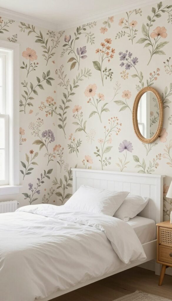 Girl's bedroom with whimsical floral trail wallpaper in soft blush, lavender, and sage green, white furniture, and natural light