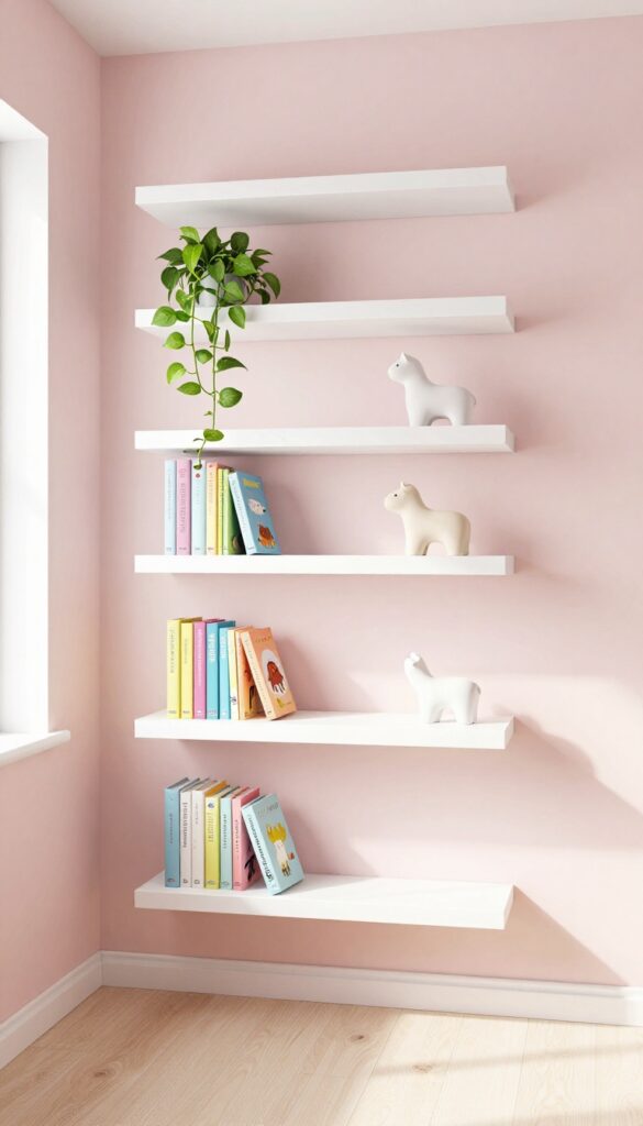 Modern kids bedroom with staggered floating shelves displaying books and decor in bright natural light