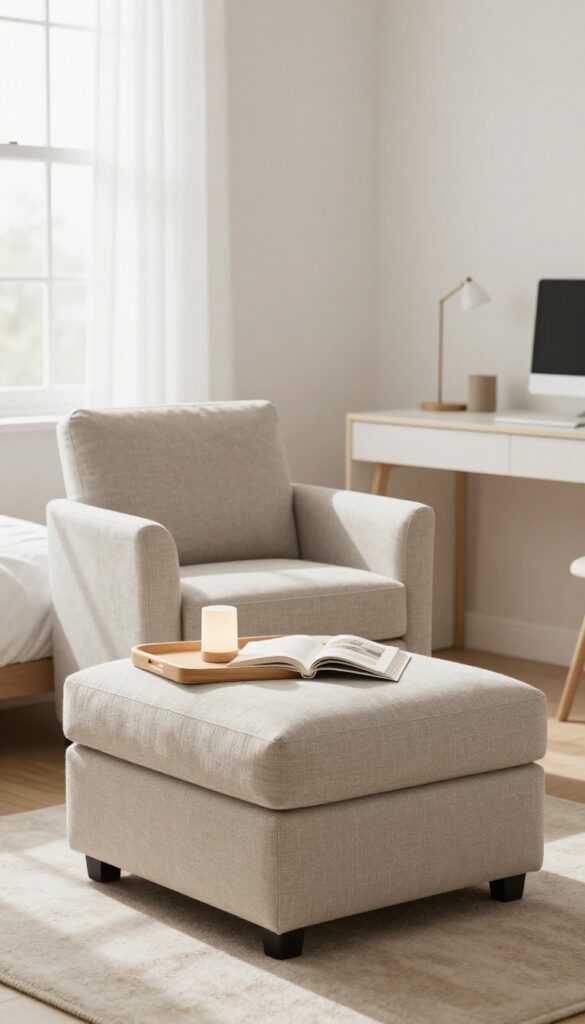 A small teen bedroom featuring a seating area with a storage ottoman and chair, creating a cozy reading nook.