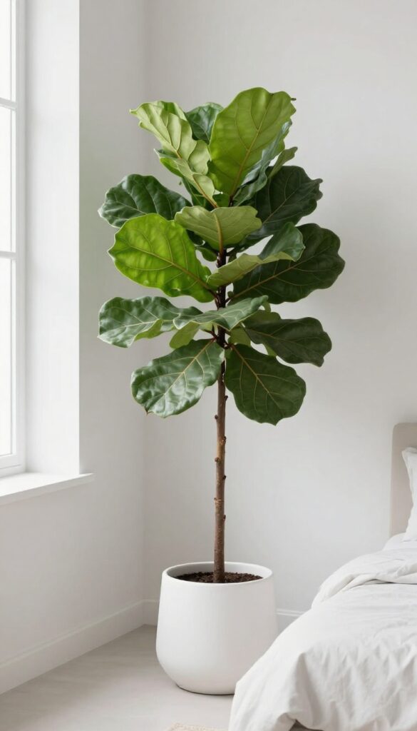 Small bedroom with a tall fiddle leaf fig plant in a white pot near a window, minimalist decor, natural light.