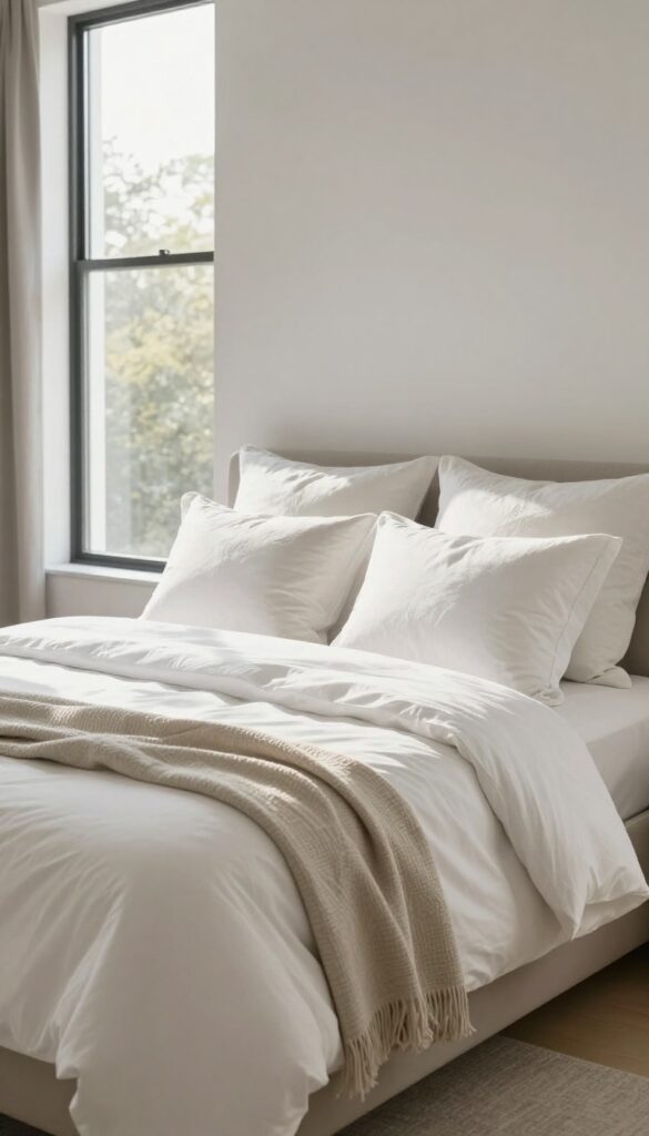 A luxurious guest bedroom bed with crisp white linens, layered pillows, and soft natural light, exuding a hotel-like comfort.