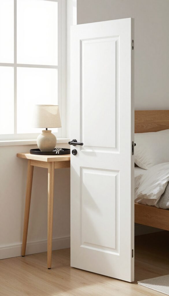 Narrow console table behind open door in small bedroom corner with tray and lamp