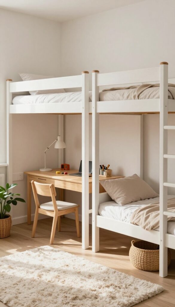 Shared kids bedroom with two loft beds, each with a dedicated play or study zone below, bright natural light.