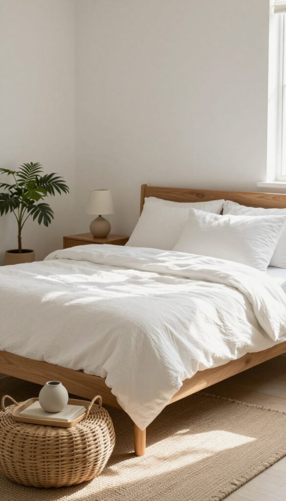 A woven basket used as a nightstand in a bright guest bedroom with natural textures and soft lighting.