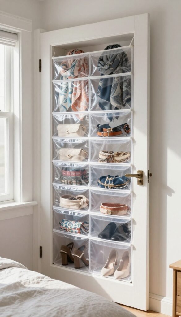 Clear shoe organizer on back of bedroom door filled with accessories like scarves and belts, bright natural light, cozy bedroom