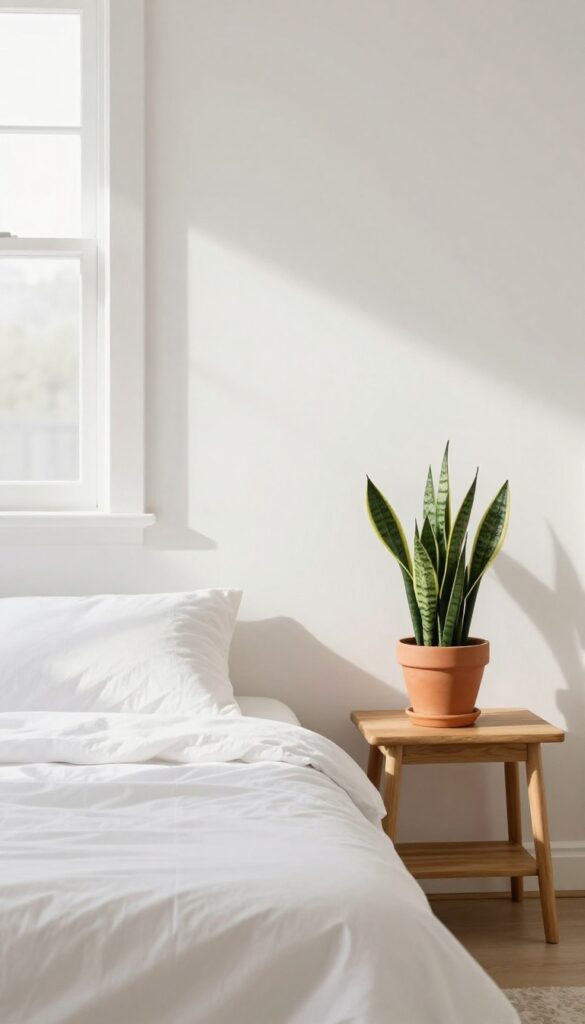Small bedroom with snake plant on nightstand, bright natural light, cozy and clean interior design