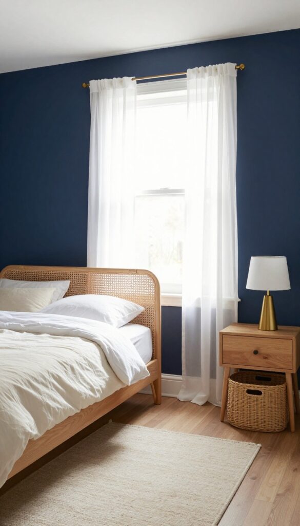 Girl's bedroom with navy accent wall, rattan headboard, warm wood nightstands, and woven baskets.