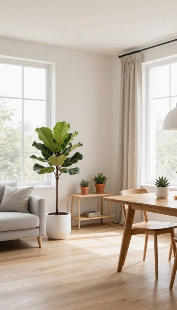 Open-concept living and dining room with greenery: tall fiddle leaf fig by sofa and succulent centerpiece on dining table, neutral pots, bright natural light.