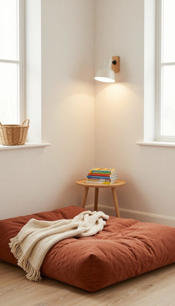 Cozy corner reading nook with floor cushion, side table, wall lamp, and books in a bright kid's bedroom