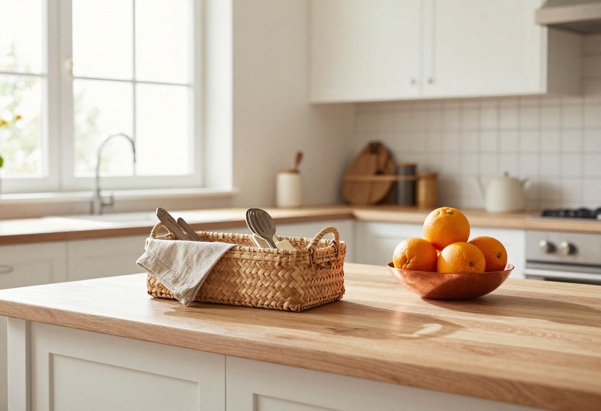 Cozy kitchen counter with woven bread basket, ceramic crock, and copper fruit bowl in natural light