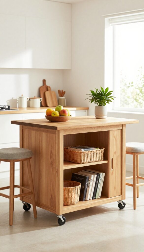 A kitchen with a rolling cart island, featuring a wood top, fruit bowl, cutting board, plant, and bar stools, in bright natural light.