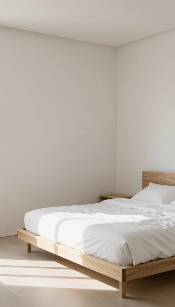 Small bedroom with low-profile bed frame, white bedding, and natural light, creating an airy and modern look.