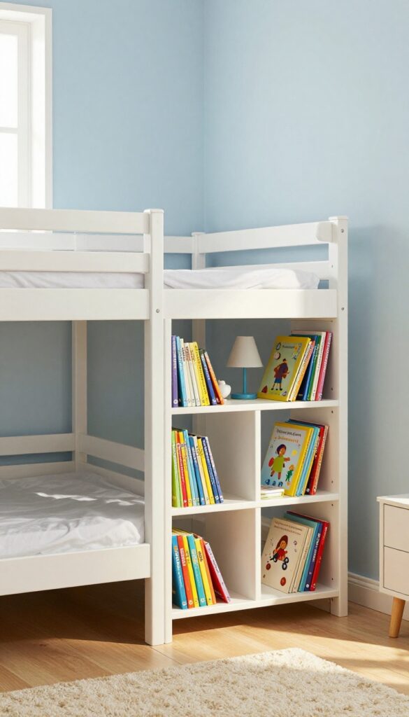 Bunk bed with built-in bookcase headboard in a bright children's room