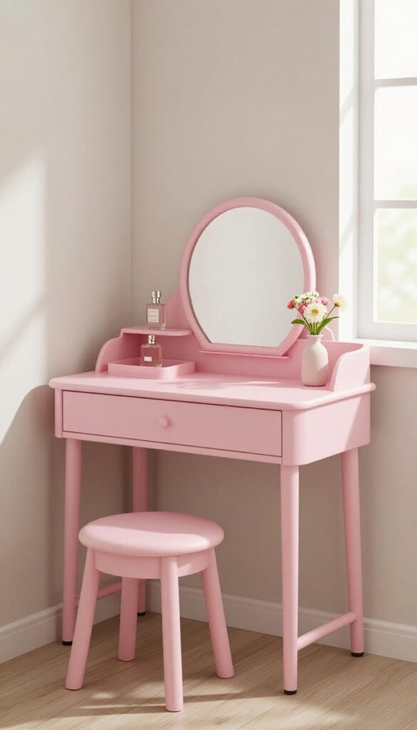 Pink vanity table with hidden compartments in a bright, serene bedroom