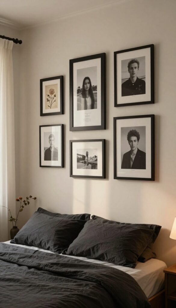 Dark and cozy bedroom with a gallery wall of black-and-white photos in dark frames, soft natural light, and a romantic mood.