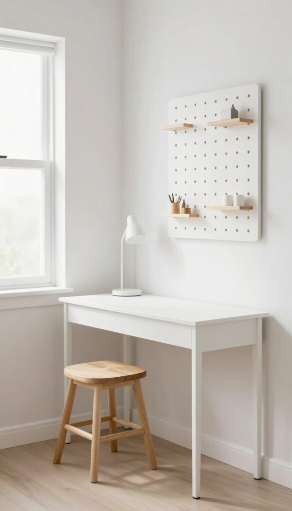 Wall-mounted desk for two in a small bedroom with stools tucked underneath