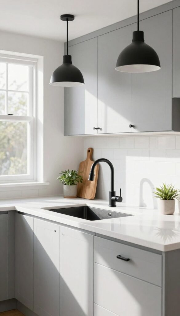 Light grey kitchen with matte black faucet and pendant lights, white backsplash, and natural light