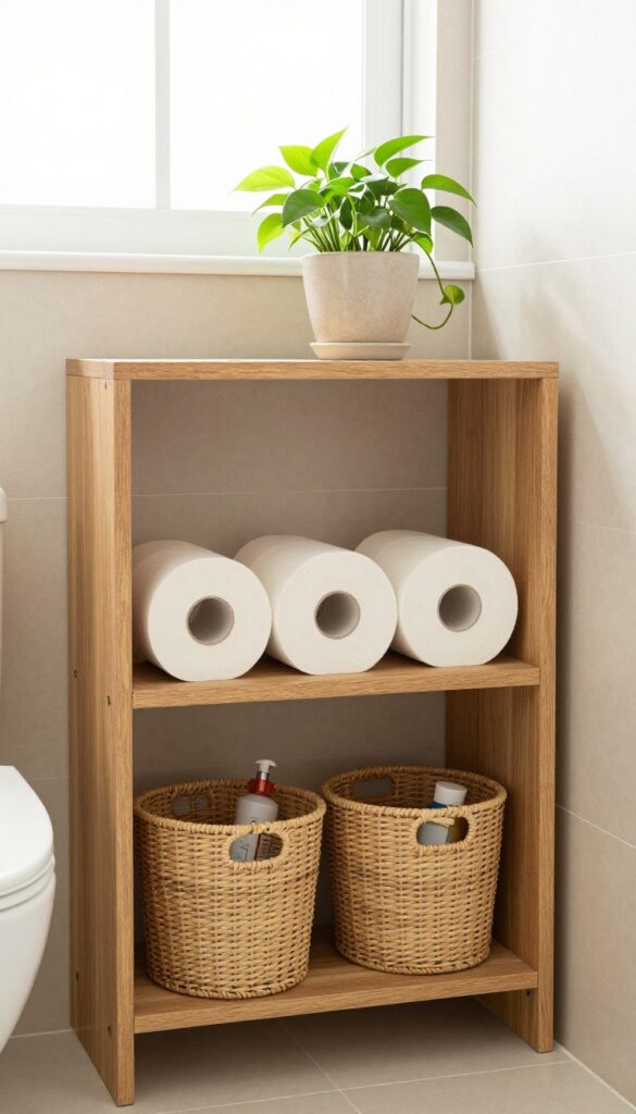 Over-the-toilet shelf unit with woven baskets and a trailing plant in a bright, clean guest bathroom.