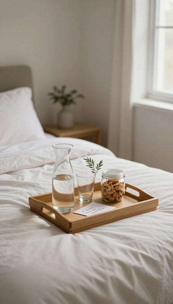 A welcome tray with water, snacks, and a note on a guest bed in a bright, cozy bedroom.