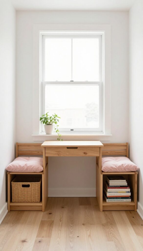 A teen girl's bedroom with a desk in front of a window and low storage benches on both sides, topped with blush pink cushions.